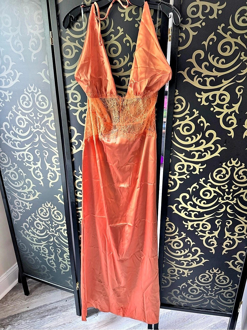 Fashion Nova Blushing Over You Lace Satin Gown Lace Satin Gown in Orange Size XL